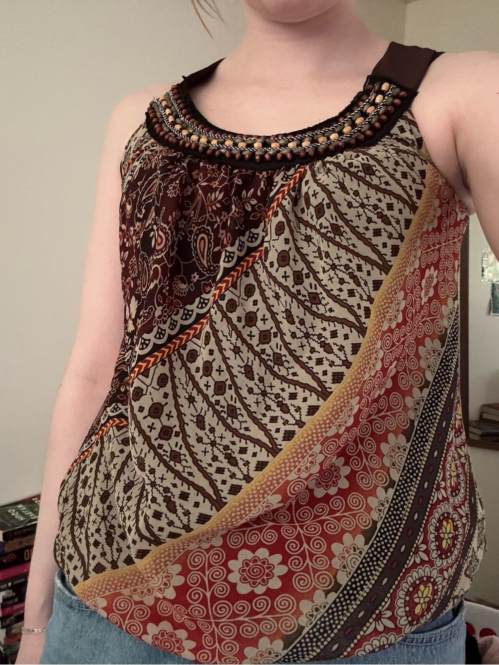 Wrapper Brown and Red Beaded-Neckline Boho Camisole